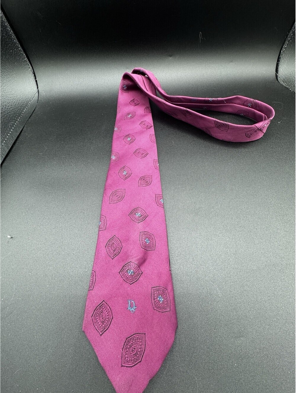 Vintage Christian Dior Tie Burgundy CD Logo Medallion USA 56”